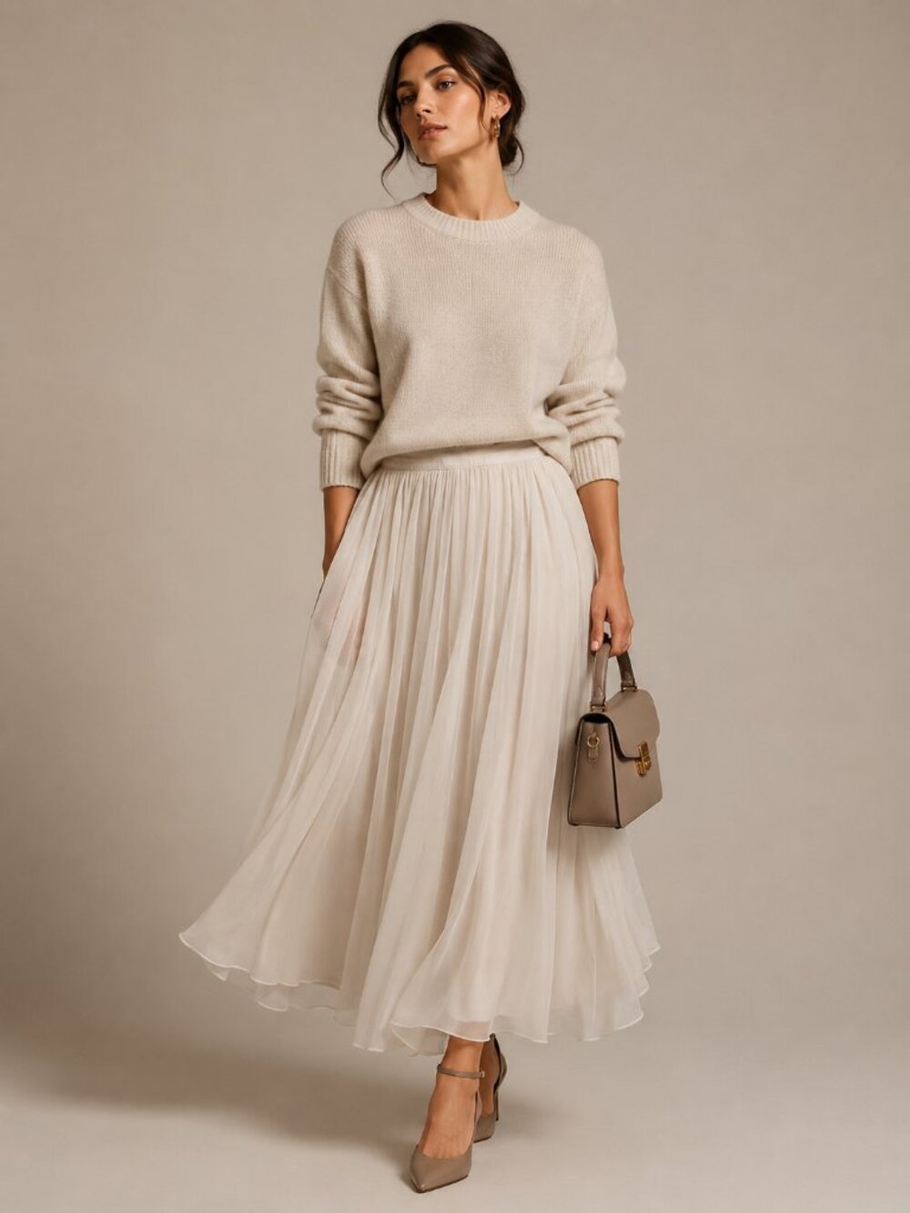 FRANK USHER | Vintage Cream Beige Scalloped Edge Maxi Skirt – Women’s 12